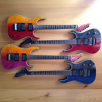 Cyclone P7 XS four-guitar colourway lineup, top view
