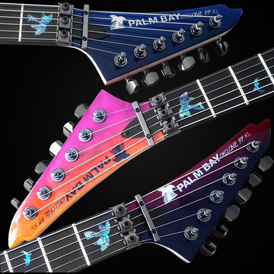 Cyclone P7 XS headstocks in Blue/Black, Yellow/Magenta, and Red/Black finishes
